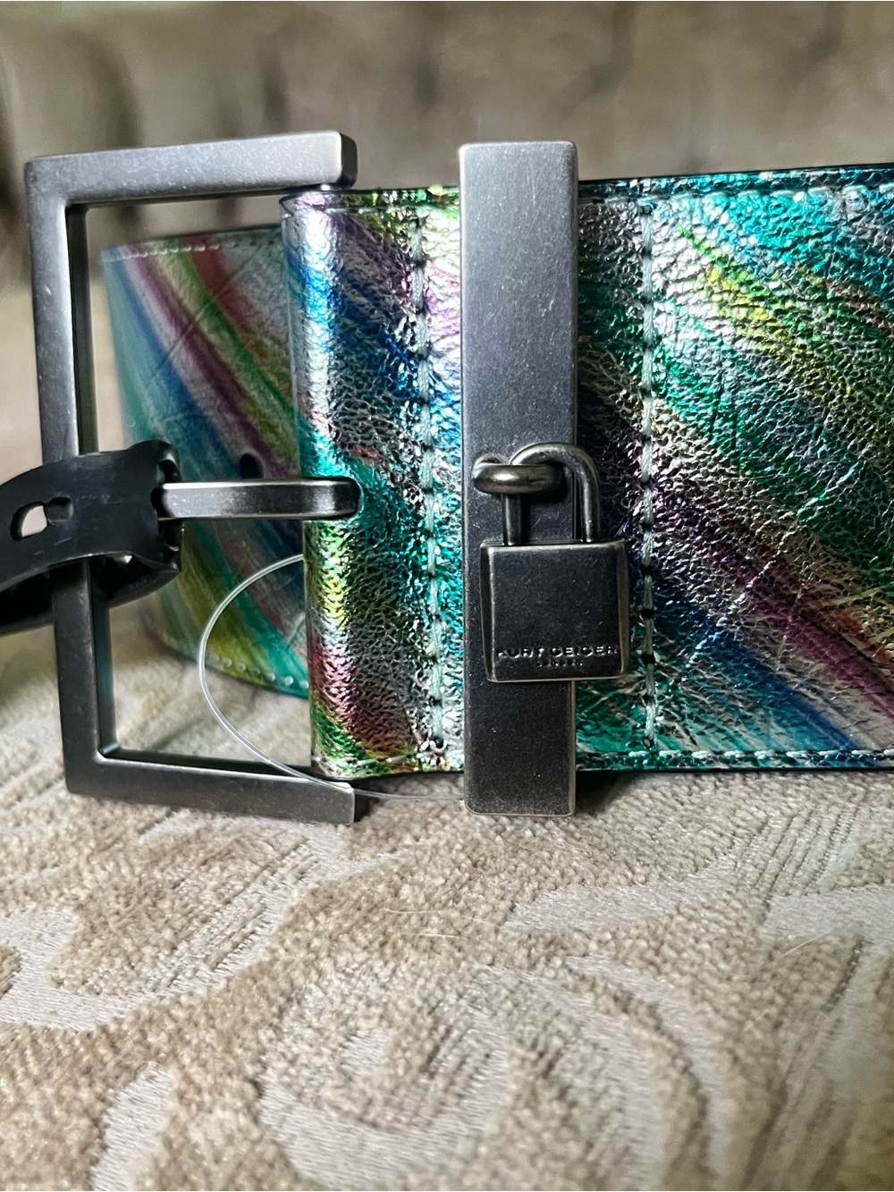 Kurt Geiger Metallic Rainbow Leather Belt with Padlock